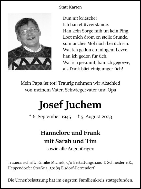 Anzeige von Josef Juchem von Kölner Stadt-Anzeiger / Kölnische Rundschau / Express
