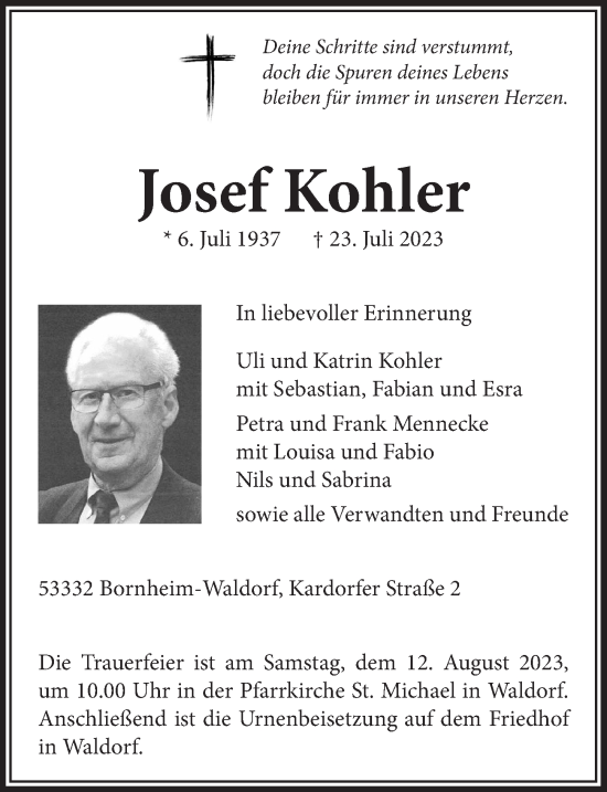 Anzeige von Josef Kohler von  Schaufenster/Blickpunkt 