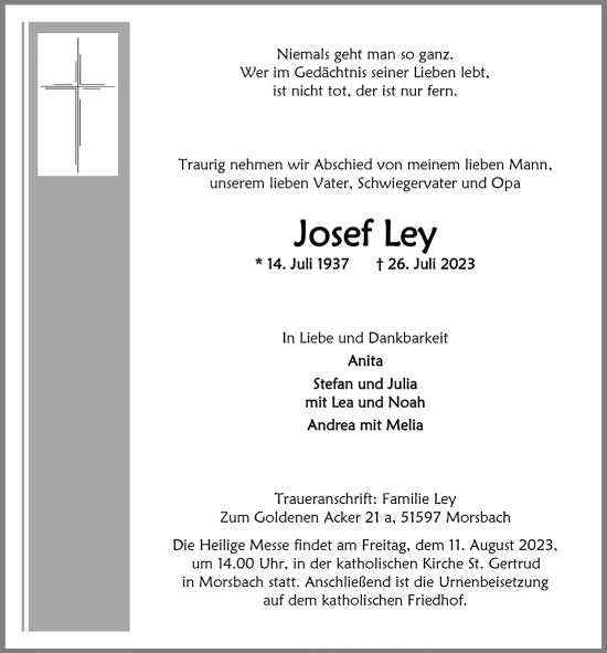 Anzeige von Josef Ley von  Lokalanzeiger 