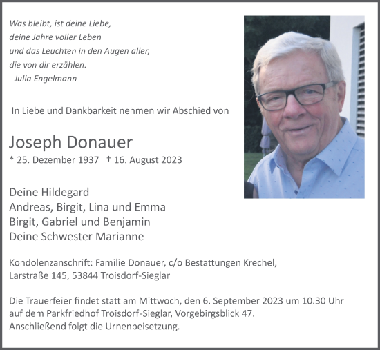 Anzeige von Joseph Donauer von Kölner Stadt-Anzeiger / Kölnische Rundschau / Express