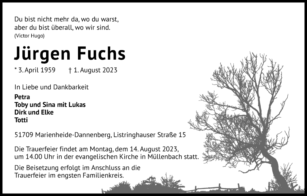  Traueranzeige für Jürgen Fuchs vom 05.08.2023 aus Kölner Stadt-Anzeiger / Kölnische Rundschau / Express