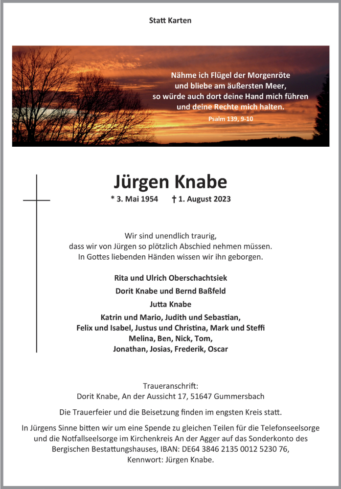  Traueranzeige für Jürgen Knabe vom 11.08.2023 aus  Anzeigen Echo  Lokalanzeiger 