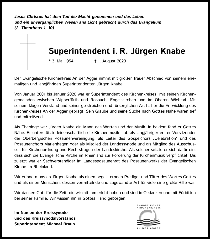  Traueranzeige für Jürgen Knabe vom 12.08.2023 aus Kölner Stadt-Anzeiger / Kölnische Rundschau / Express