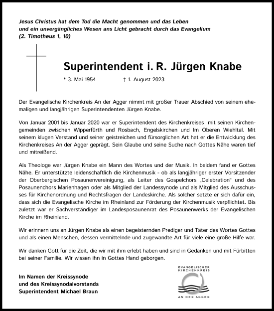 Anzeige von Jürgen Knabe von Kölner Stadt-Anzeiger / Kölnische Rundschau / Express