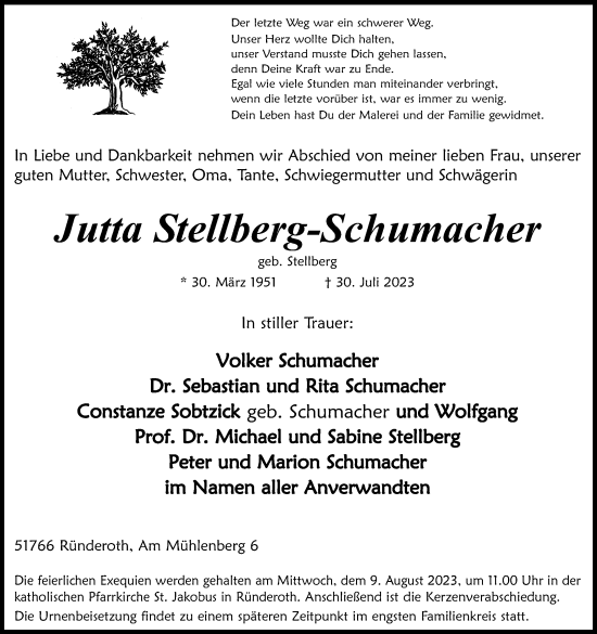 Anzeige von Jutta Stellberg-Schumacher von Kölner Stadt-Anzeiger / Kölnische Rundschau / Express