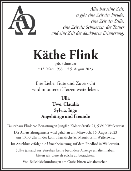 Anzeige von Käthe Flink von  Blickpunkt Euskirchen 