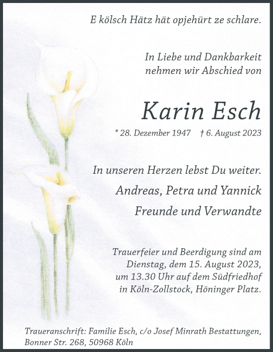 Anzeige von Karin Esch von Kölner Stadt-Anzeiger / Kölnische Rundschau / Express