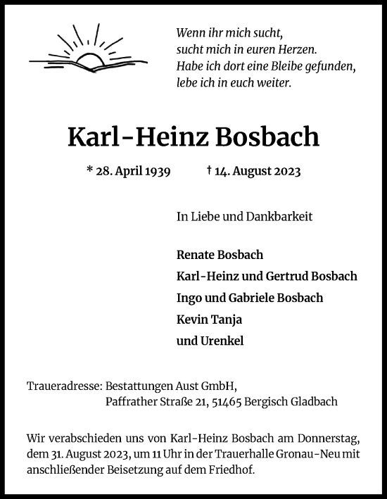 Anzeige von Karl-Heinz Bosbach von Kölner Stadt-Anzeiger / Kölnische Rundschau / Express