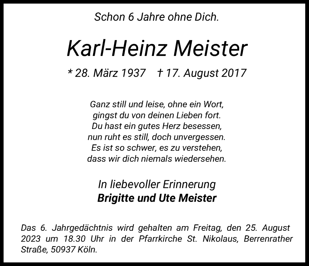  Traueranzeige für Karl-Heinz Meister vom 18.07.2023 aus Kölner Stadt-Anzeiger / Kölnische Rundschau / Express