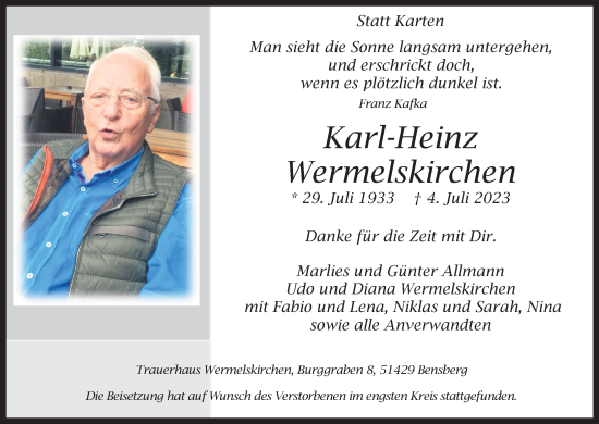 Anzeige von Karl-Heinz Wermelskirchen von Kölner Stadt-Anzeiger / Kölnische Rundschau / Express