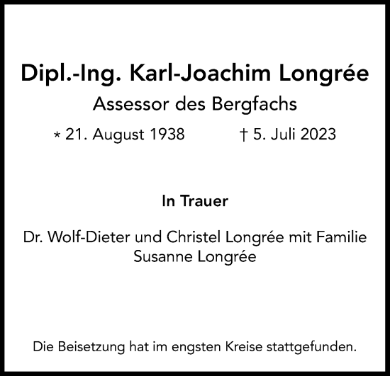 Anzeige von Karl-Joachim Longrée von Kölner Stadt-Anzeiger / Kölnische Rundschau / Express