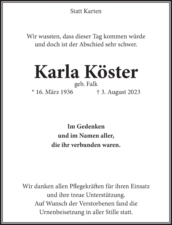 Anzeige von Karla Köster von  Anzeigen Echo 