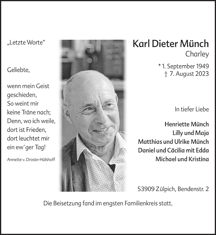  Traueranzeige für Karl Dieter Münch vom 26.08.2023 aus  Blickpunkt Euskirchen 