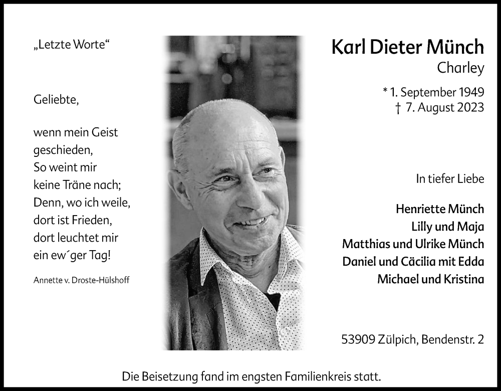  Traueranzeige für Karl Dieter Münch vom 26.08.2023 aus Kölner Stadt-Anzeiger / Kölnische Rundschau / Express