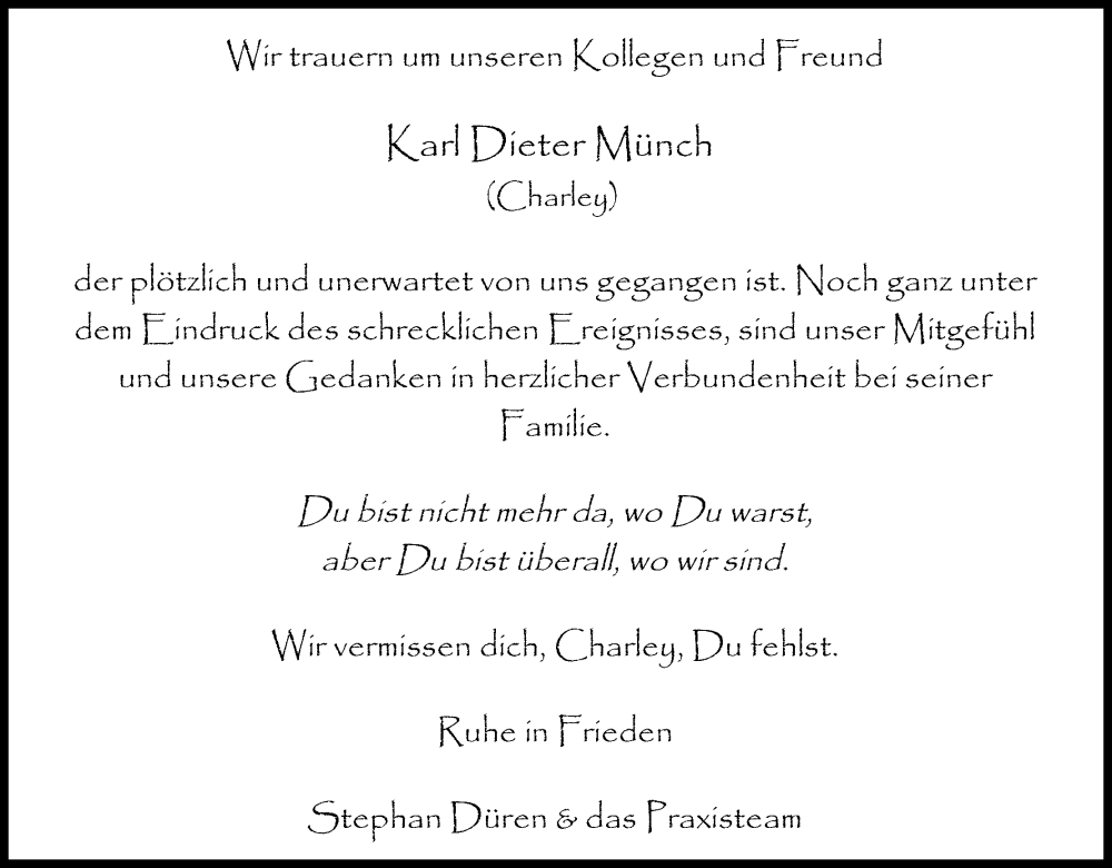  Traueranzeige für Karl Dieter Münch vom 26.08.2023 aus Kölner Stadt-Anzeiger / Kölnische Rundschau / Express