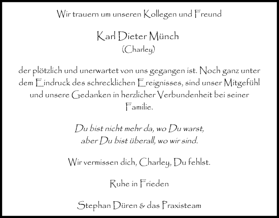 Anzeige von Karl Dieter Münch von Kölner Stadt-Anzeiger / Kölnische Rundschau / Express