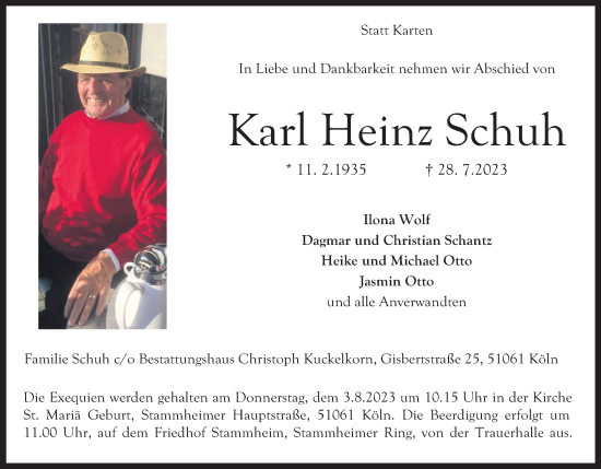Anzeige von Karl Heinz Schuh von Kölner Stadt-Anzeiger / Kölnische Rundschau / Express