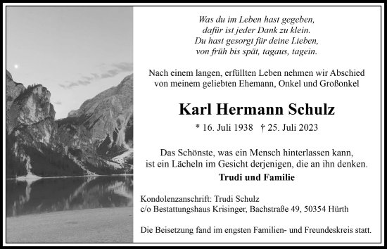 Anzeige von Karl Hermann Schulz von  Wochenende 