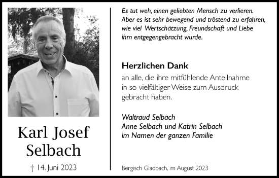 Anzeige von Karl Josef Selbach von Kölner Stadt-Anzeiger / Kölnische Rundschau / Express