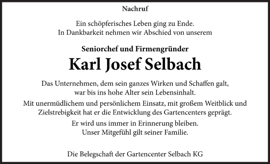 Anzeige von Karl Josef Selbach von  Bergisches Handelsblatt 