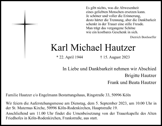 Anzeige von Karl Michael Hautzer von Kölner Stadt-Anzeiger / Kölnische Rundschau / Express