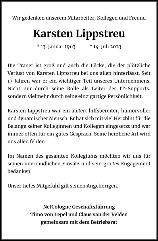Anzeige von Karsten Lippstreu von Kölner Stadt-Anzeiger / Kölnische Rundschau / Express