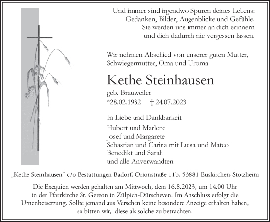 Anzeige von Kethe Steinhausen von  Blickpunkt Euskirchen 