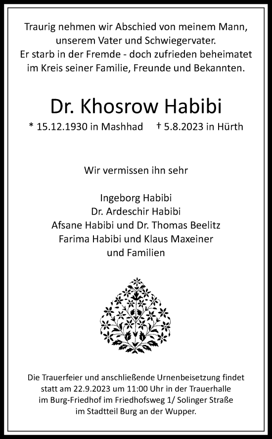 Anzeige von Khosrow Habibi von Kölner Stadt-Anzeiger / Kölnische Rundschau / Express