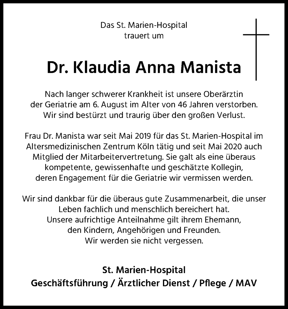  Traueranzeige für Klaudia  Manista vom 12.08.2023 aus Kölner Stadt-Anzeiger / Kölnische Rundschau / Express
