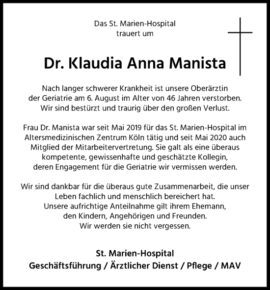 Anzeige von Klaudia  Manista von Kölner Stadt-Anzeiger / Kölnische Rundschau / Express