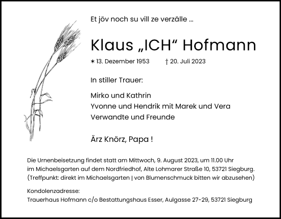 Anzeige von Klaus Hofmann von Kölner Stadt-Anzeiger / Kölnische Rundschau / Express