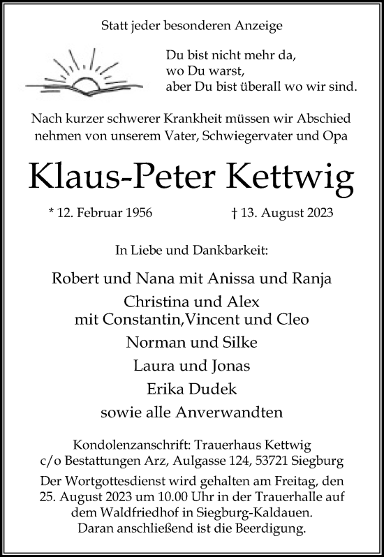 Anzeige von Klaus-Peter Kettwig von Kölner Stadt-Anzeiger / Kölnische Rundschau / Express