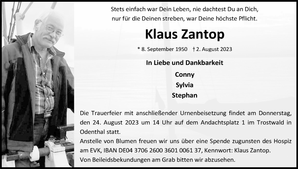  Traueranzeige für Klaus Zantop vom 19.08.2023 aus Kölner Stadt-Anzeiger / Kölnische Rundschau / Express