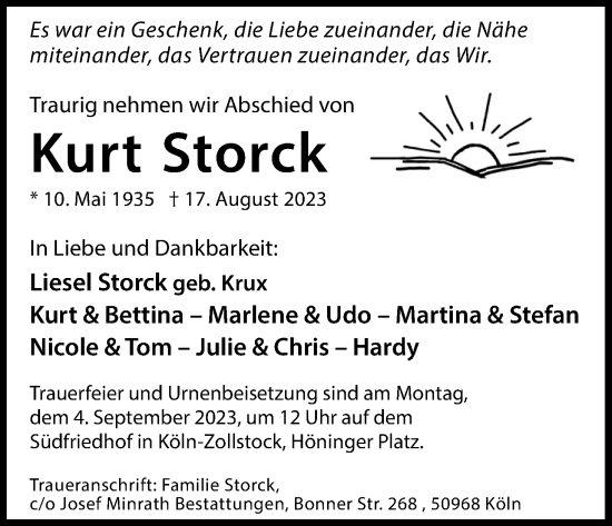 Anzeige von Kurt Storck von Kölner Stadt-Anzeiger / Kölnische Rundschau / Express