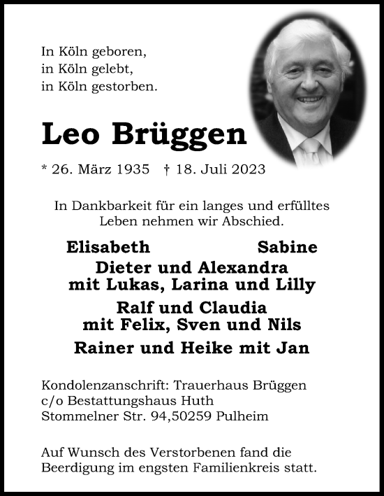 Anzeige von Leo Brüggen von Kölner Stadt-Anzeiger / Kölnische Rundschau / Express