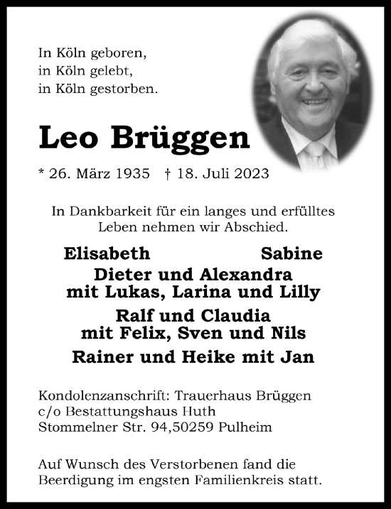 Anzeige von Leo Brüggen von  Wochenende 