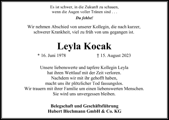 Anzeige von Leyla Kocak von Kölner Stadt-Anzeiger / Kölnische Rundschau / Express
