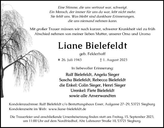 Anzeige von Liane  Bielefeldt von Kölner Stadt-Anzeiger / Kölnische Rundschau / Express