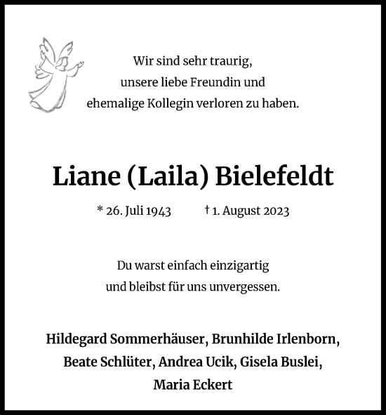 Anzeige von Liane  Bielefeldt von Kölner Stadt-Anzeiger / Kölnische Rundschau / Express