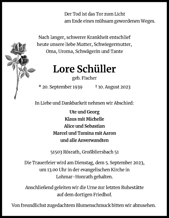 Anzeige von Lore Schüller von Kölner Stadt-Anzeiger / Kölnische Rundschau / Express