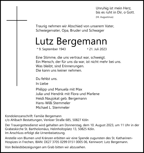 Anzeige von Lutz Bergemann von Kölner Stadt-Anzeiger / Kölnische Rundschau / Express