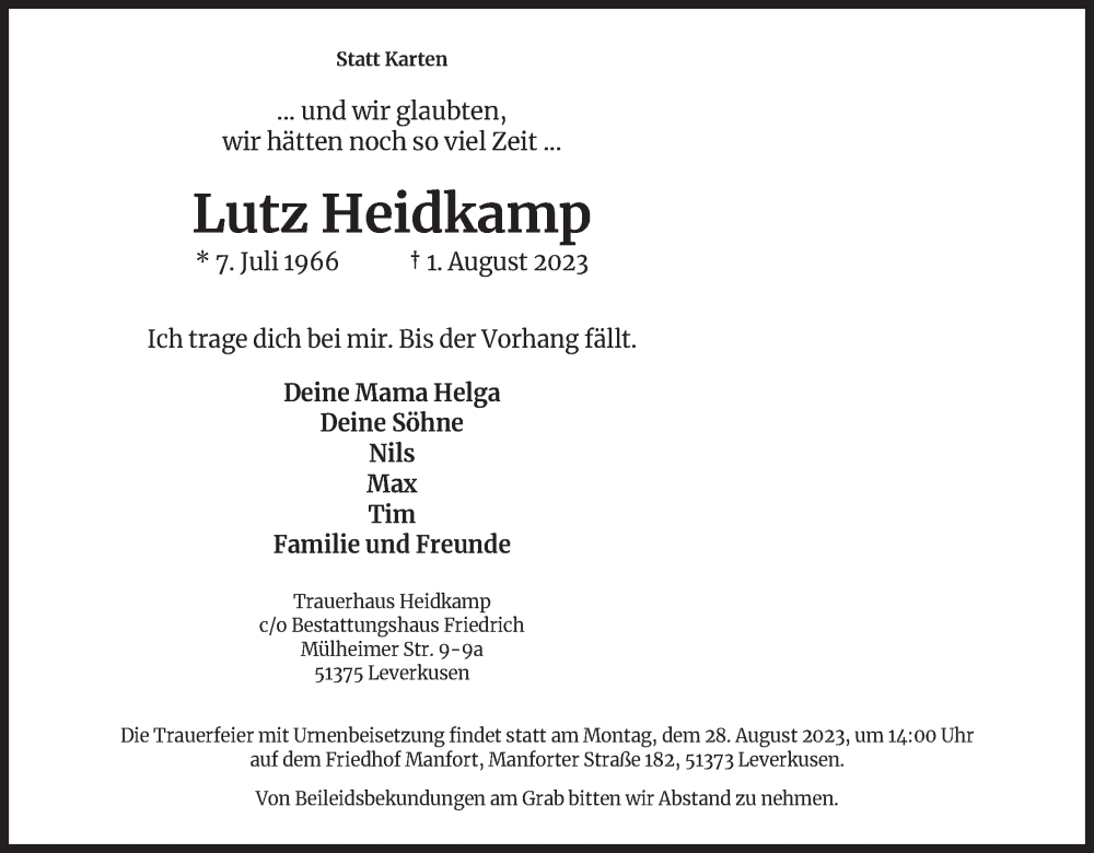  Traueranzeige für Lutz Heidkamp vom 19.08.2023 aus Kölner Stadt-Anzeiger / Kölnische Rundschau / Express