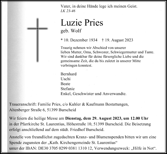 Anzeige von Luzie Pries von Kölner Stadt-Anzeiger / Kölnische Rundschau / Express