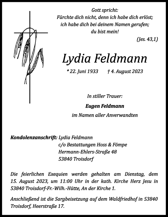 Anzeige von Lydia Feldmann von Kölner Stadt-Anzeiger / Kölnische Rundschau / Express