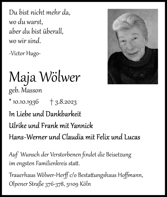 Anzeige von Maja Wölwer von Kölner Stadt-Anzeiger / Kölnische Rundschau / Express