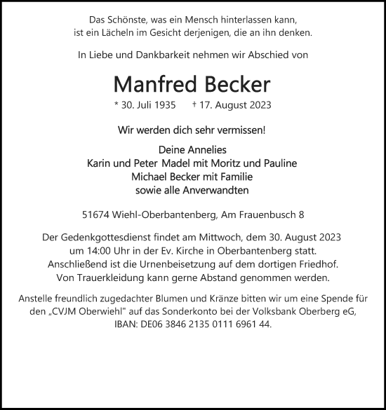 Anzeige von Manfred Becker von Kölner Stadt-Anzeiger / Kölnische Rundschau / Express