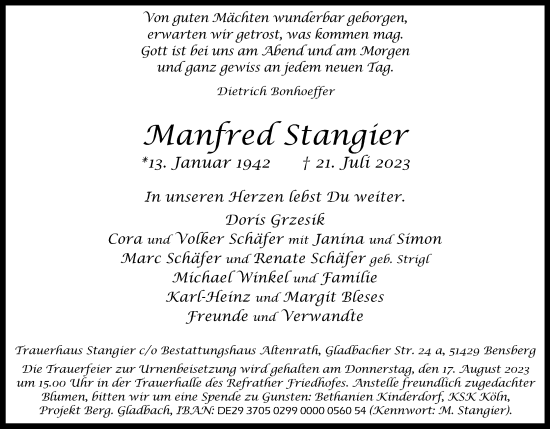Anzeige von Manfred Stangier von Kölner Stadt-Anzeiger / Kölnische Rundschau / Express
