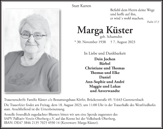 Anzeige von Marga Küster von  Anzeigen Echo 