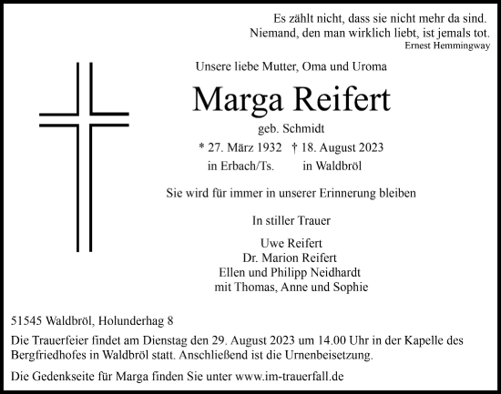 Anzeige von Marga Reifert von  Lokalanzeiger 