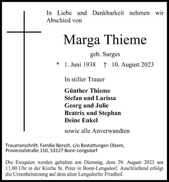 Anzeige von Marga Thieme von Kölner Stadt-Anzeiger / Kölnische Rundschau / Express